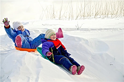 两个,小,女孩,雪撬,雪,滑动