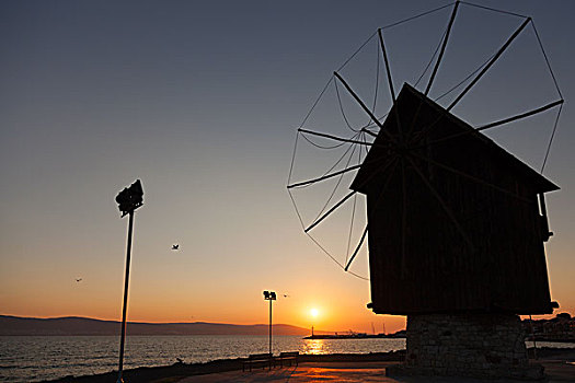 黑色,剪影,早晨,老,木质,风车,海岸,流行,地标,内塞巴尔,城镇,保加利亚