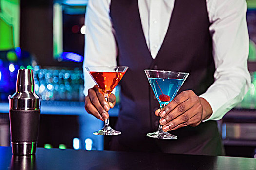 酒保,蓝色,橙色,鸡尾酒,饮料,吧台,酒吧