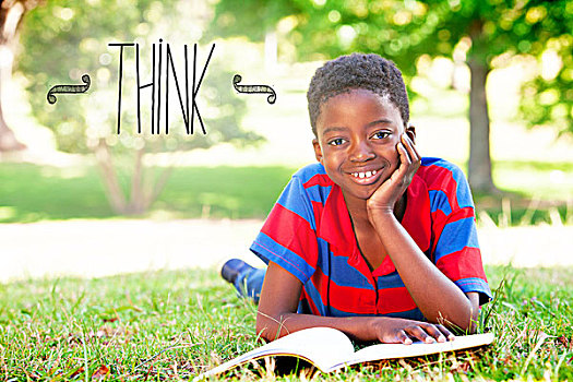 思考,小男孩,读,公园,文字