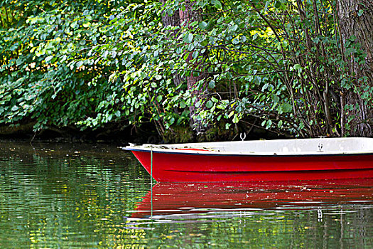 红色,划桨船,岸边,湖