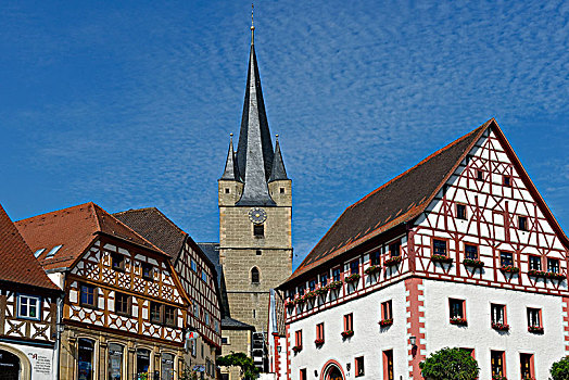 市场,教堂,弗兰克尼亚,巴伐利亚,德国,欧洲