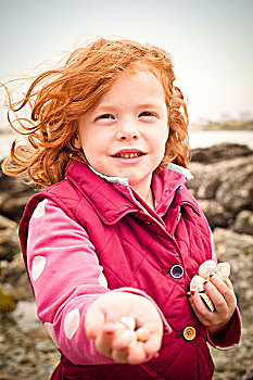 威尔士,安格尔西岛,女孩,室外,收集,海螺壳,寒冷,白天