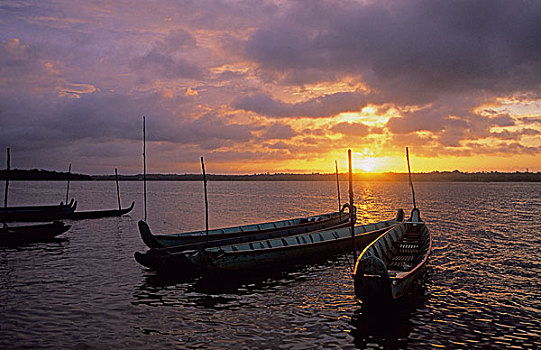 法属圭亚那,亚马逊地区,河,独木舟,日落