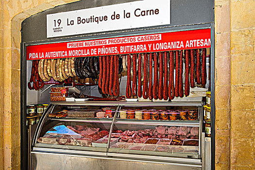 摊亭,香肠,肉制品,中央市场,市场,中心,卡迪兹,安达卢西亚,西班牙,欧洲