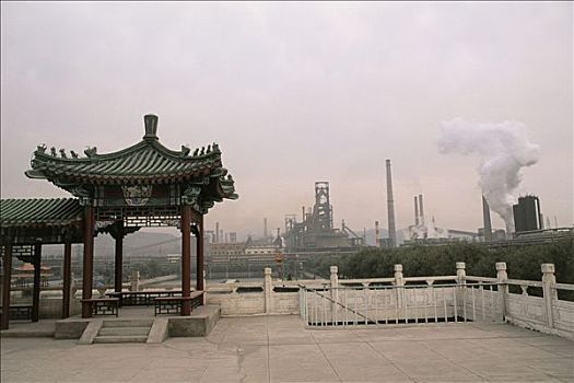 中国,北京,钢厂,烟囱,烟,亚洲,风格,看,亭子