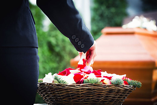 女人,葬礼,放,玫瑰花瓣,棺材