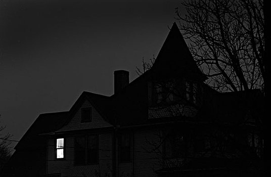 老,房子,夜晚,一个,窗户,光亮