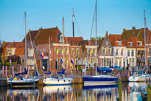 泊船,正面,古建筑,港口,老,北荷兰,荷兰