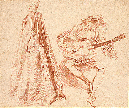 女孩,站立,侧面,左边,一个,男人,演奏,吉他,早,18世纪,艺术家