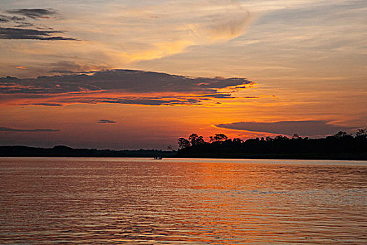 日落,河,亚马逊盆地,秘鲁