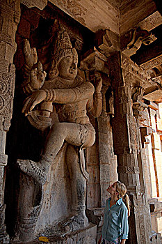 印度,坦贾武尔,游客,尺寸,雕刻,神,庙宇