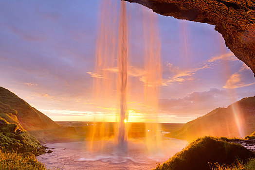 瀑布,日落,冰岛,欧洲