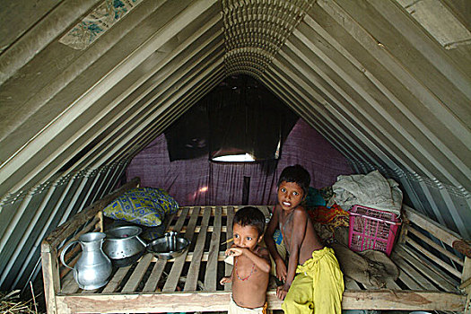 两个,室内,帐蓬,洪水,蔽护,中心,孟加拉,七月,2004年