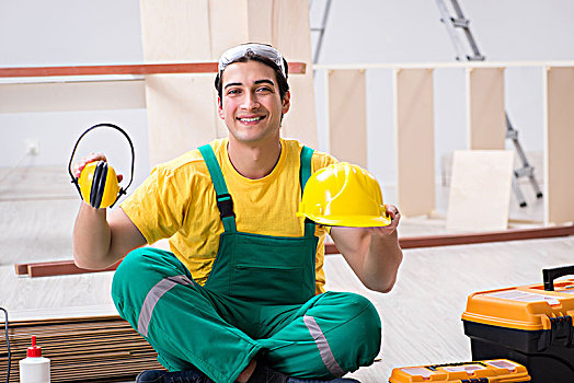 木匠,戴着,黄色,安全帽,承包,工作间