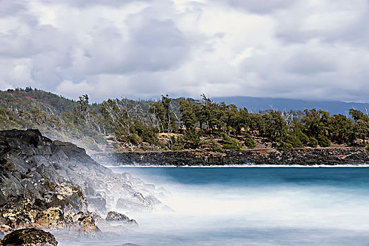 长时间曝光,海浪,州立公园,考艾岛,夏威夷,美国