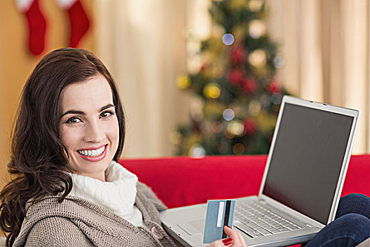黑发,网上购物,笔记本电脑,圣诞节
