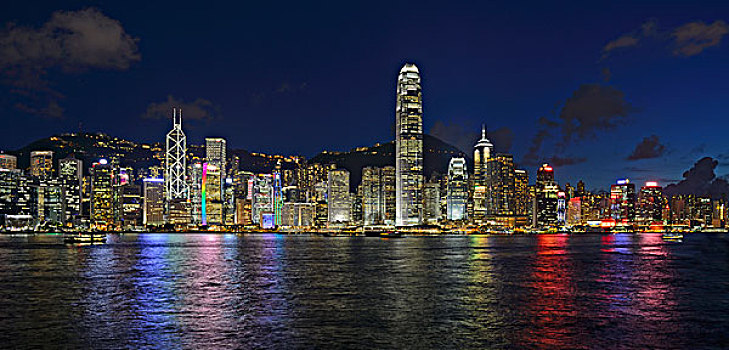 风景,蓝色,钟点,九龙,香港,天际线,河,中心,中国银行,远处,左边,国际金融中心,塔楼,右边,中国,亚洲