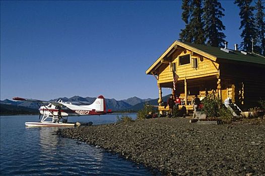 水上飞机,木屋,湖,大门,北极圈,国家公园