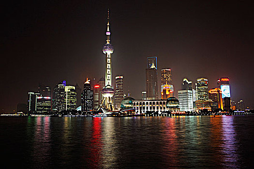 上海,天际线,夜晚,光亮,反射,水