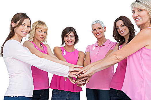 愉悦,女人,姿势,圆,握手,看镜头,穿,粉色,乳腺癌