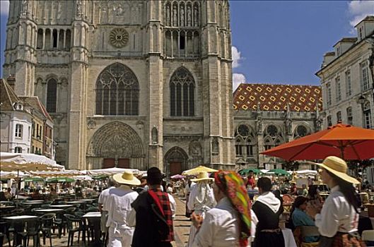 法国,勃艮第,大教堂广场,陶器,市场,人,服装,大教堂,背影,餐馆