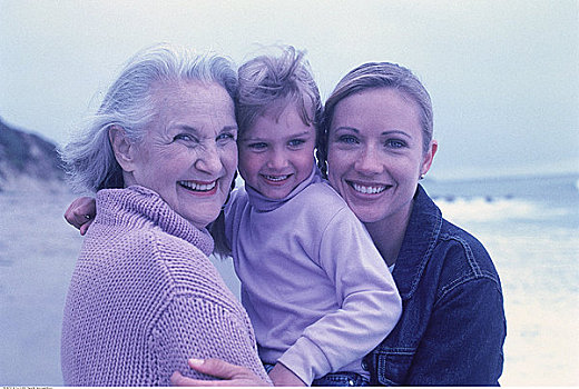 肖像,祖母,母女,海滩