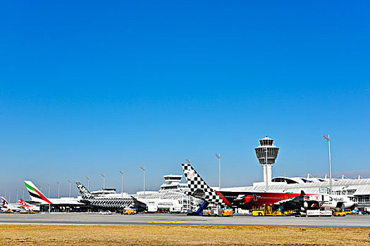 飞机,排列,1号航站楼,塔,慕尼黑,弗赖辛,地区,巴伐利亚,德国,欧洲