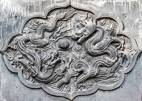 中式影壁墙龙雕,中国河南省开封市朱仙镇岳飞庙