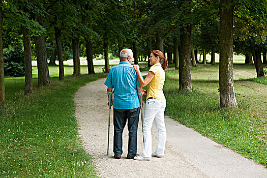 女人,老人,男人,拐杖,漫步,公园