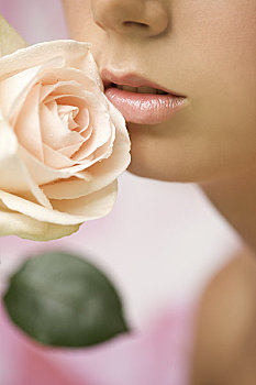 局部,特写,女青年,吸入,粉红玫瑰,嘴,鼻子,只有