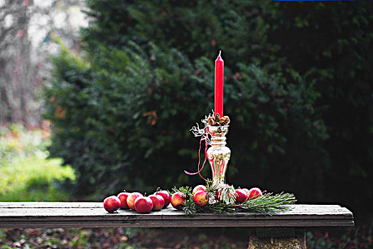 红苹果,松果,红色,蜡烛,银,烛台