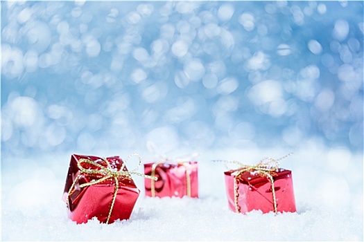 红色,圣诞礼物,雪,背景