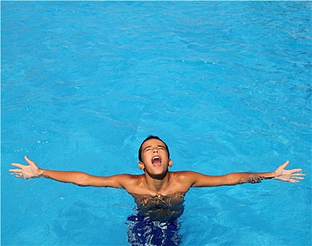 男孩,青少年,放松,伸展胳膊,蓝色,游泳池