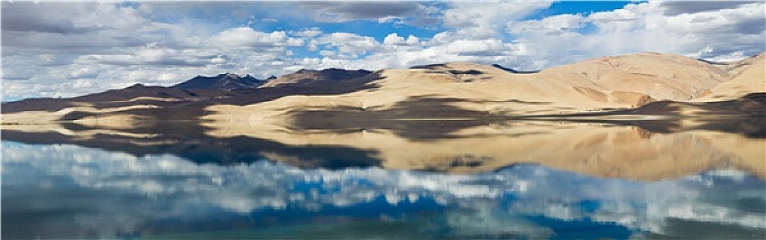 高山湖,全景,山,蓝天,反射,湖