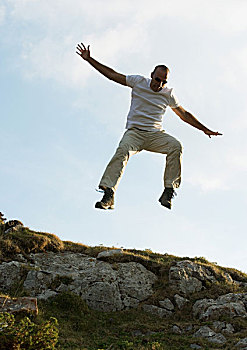 男人,跳跃,岩石,风景