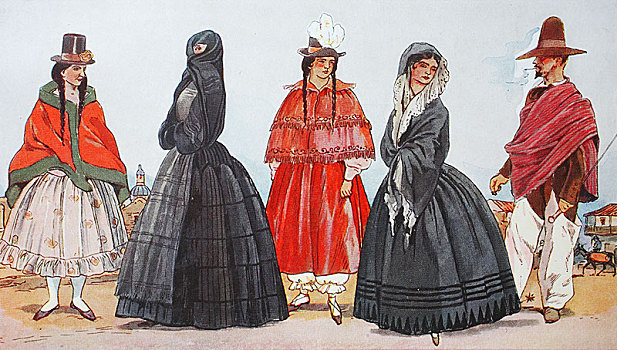 衣服,时尚,南美,秘鲁,哥伦比亚,19世纪,插画,北美