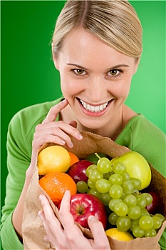 健康生活,女人,水果,购物,纸袋