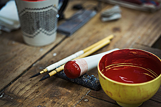 特写,材质,日本,瓷器,工作间,碗,红色,颜料,杵,上油漆