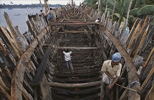 俯拍,工人,制作,木质,货船,地区,泰米尔纳德邦,印度