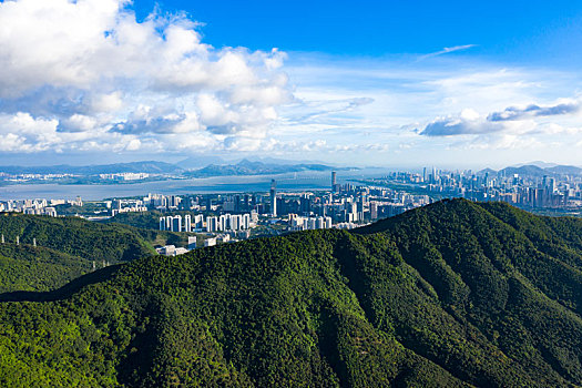 航拍塘朗山,深圳湾,塘朗,梅林水库,南山和龙华风光