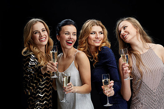 高兴,女人,香槟,玻璃杯,上方,黑色