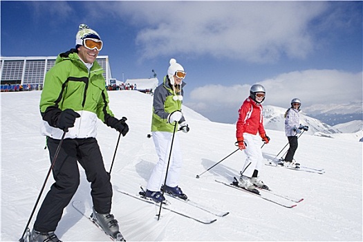 家庭,滑雪,下坡,滑雪坡