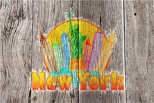 纽约,彩色,天际线,圆,木头,背景,插画