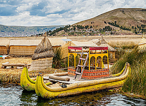 传统,芦苇,船,浮岛,漂浮,岛屿,提提卡卡湖,普诺,区域,秘鲁,南美