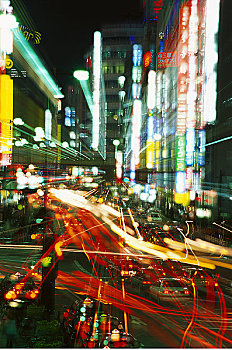 模糊,街道,光影,夜晚,大阪,日本