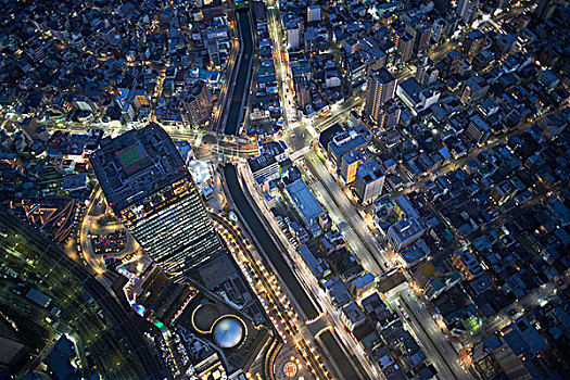俯视,摩天大楼,公路,夜晚,东京,日本
