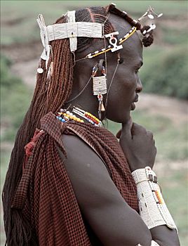 战士,局部,马萨伊人,长,辫子,装饰,珠子,宽,特色,生活方式,坦桑尼亚北部,白色,彩色,串珠