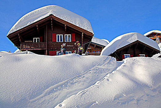 木制屋舍,大雪,乡村,贝特默阿尔卑,阿莱奇地区,瓦莱,瑞士,欧洲
