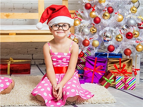 女孩,红色,帽子,有趣,圆,玻璃,坐,垫,圣诞树